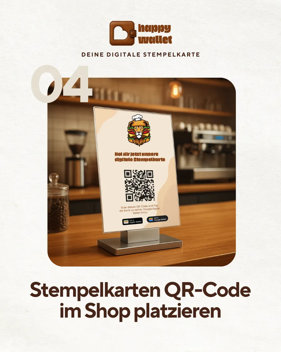 QR-Code-Flyer auf einer Café-Theke platziert, daneben eine Kundin mit Smartphone