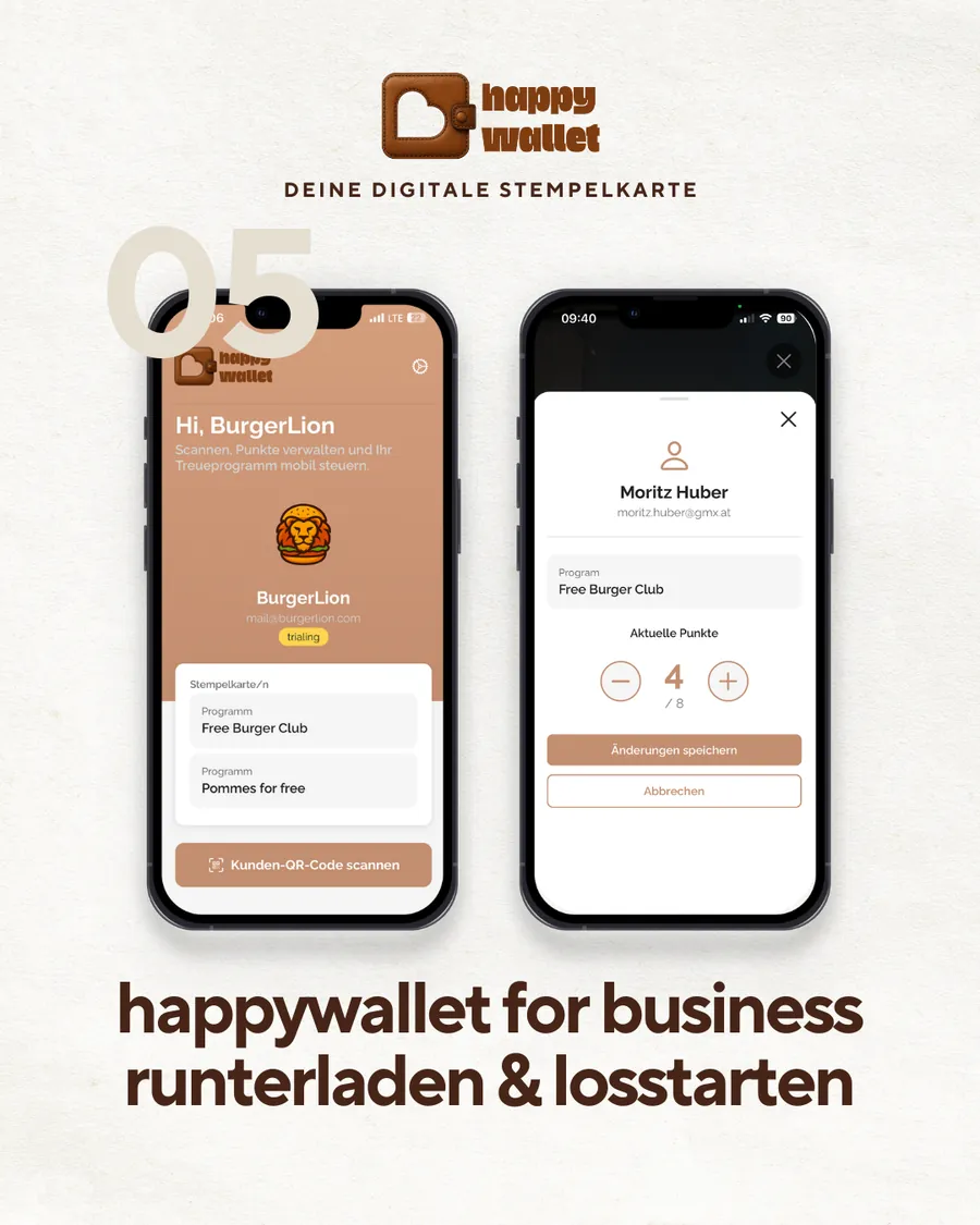 Zwei Smartphone-Screens der App „happywallet for business“ mit Store-Badges zum Download