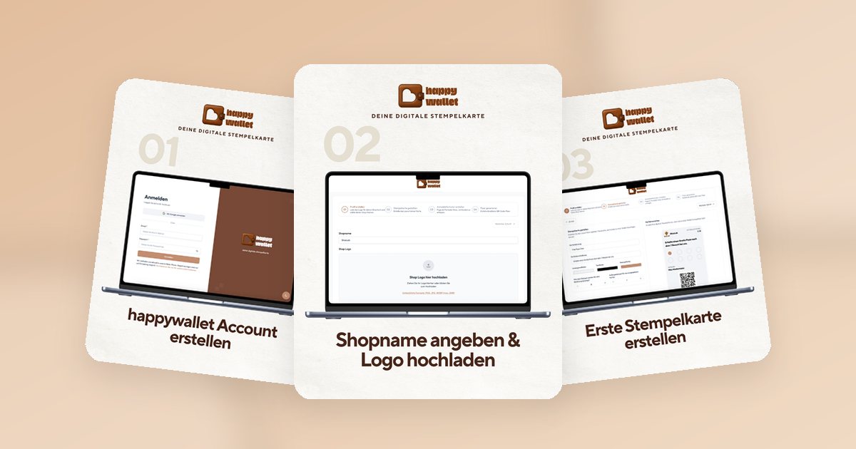 Setup-Assistent von happywallet: Account erstellen, Shopname & Logo hochladen und erste Stempelkarte gestalten