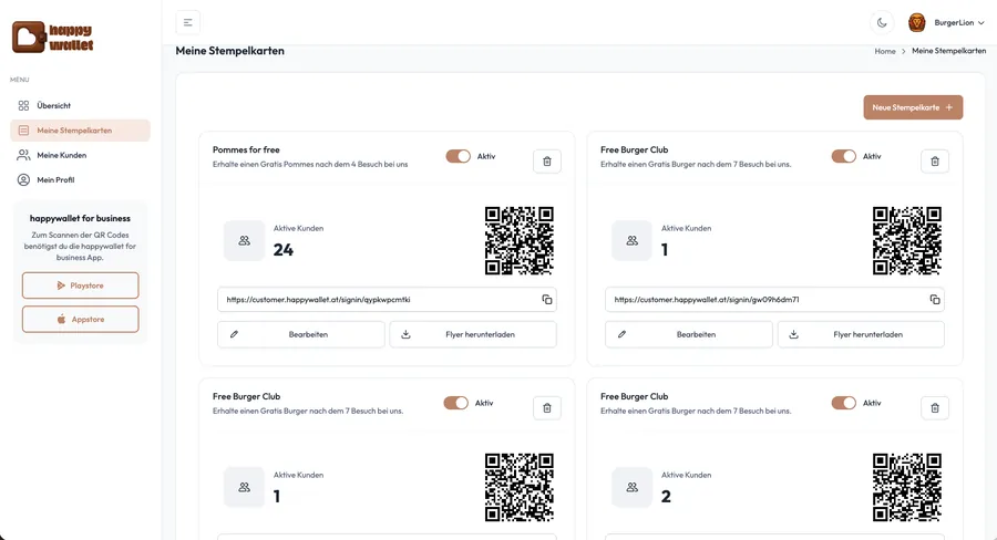Admin-Portal-Ansicht „Meine Stempelkarten“ mit der frisch erstellten Karte, Aktiv-Schalter und QR-Code