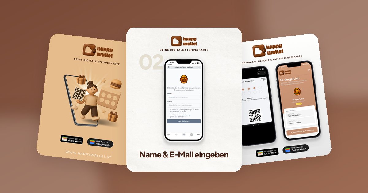 Anmeldeformular für eine digitale Stempelkarte neben einer Wallet-Karte und der happywallet-Illustrationsfigur mit QR-Code