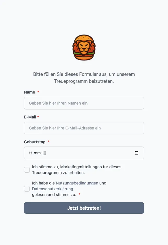 Anmeldeformular der happywallet Kundenseite mit Feldern für Name, E-Mail, Geburtstag und Zustimmung zu Nutzungsbedingungen und Datenschutz