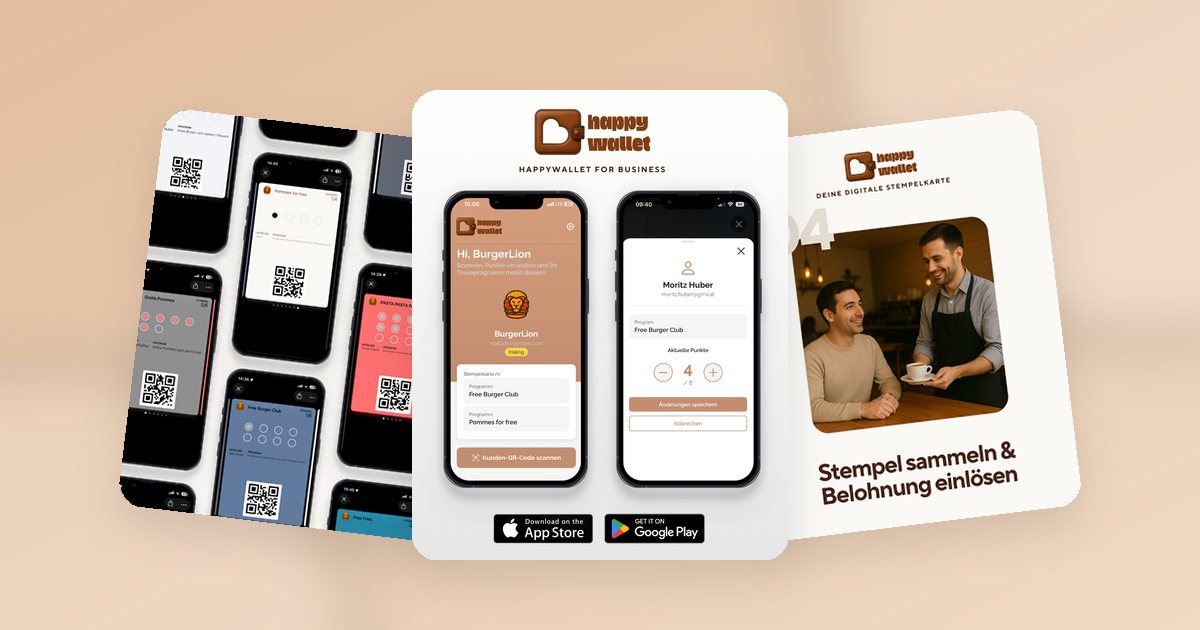 Wallet-Karten mit unterschiedlicher Stempelanzahl, die happywallet-for-business-App und ein Gast, der eine Belohnung einlöst