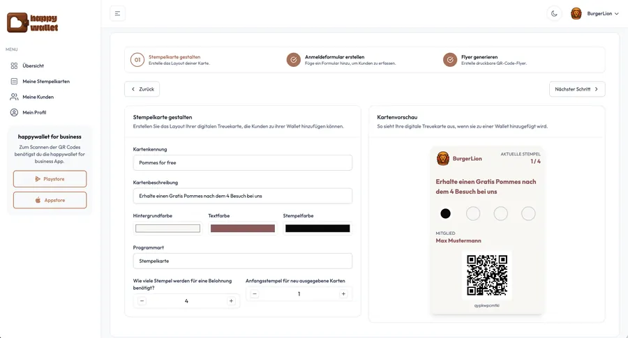 happywallet Admin-Portal: Stempelkarte gestalten mit Feldern für Stempelanzahl und Anfangsstempel