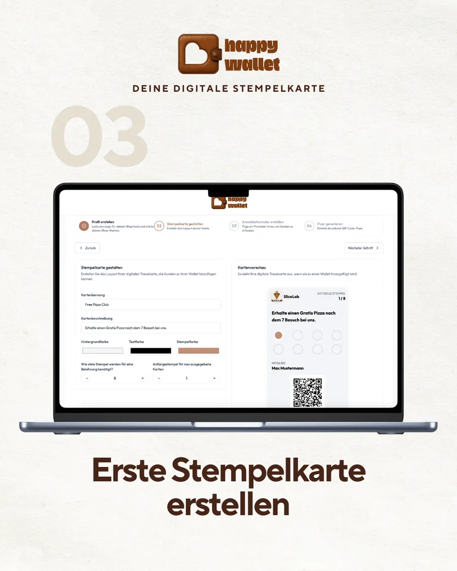 Admin-Portal am Laptop: Stempelkarte gestalten mit Kartenkennung, Farben, Stempelanzahl und Live-Vorschau der Wallet-Karte