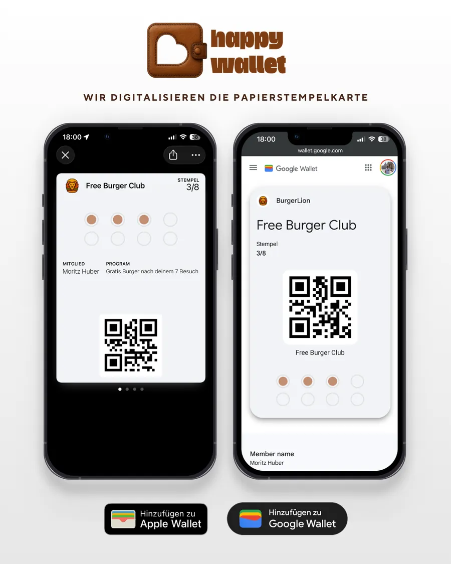 Dieselbe happywallet Stempelkarte im Apple Wallet und im Google Wallet