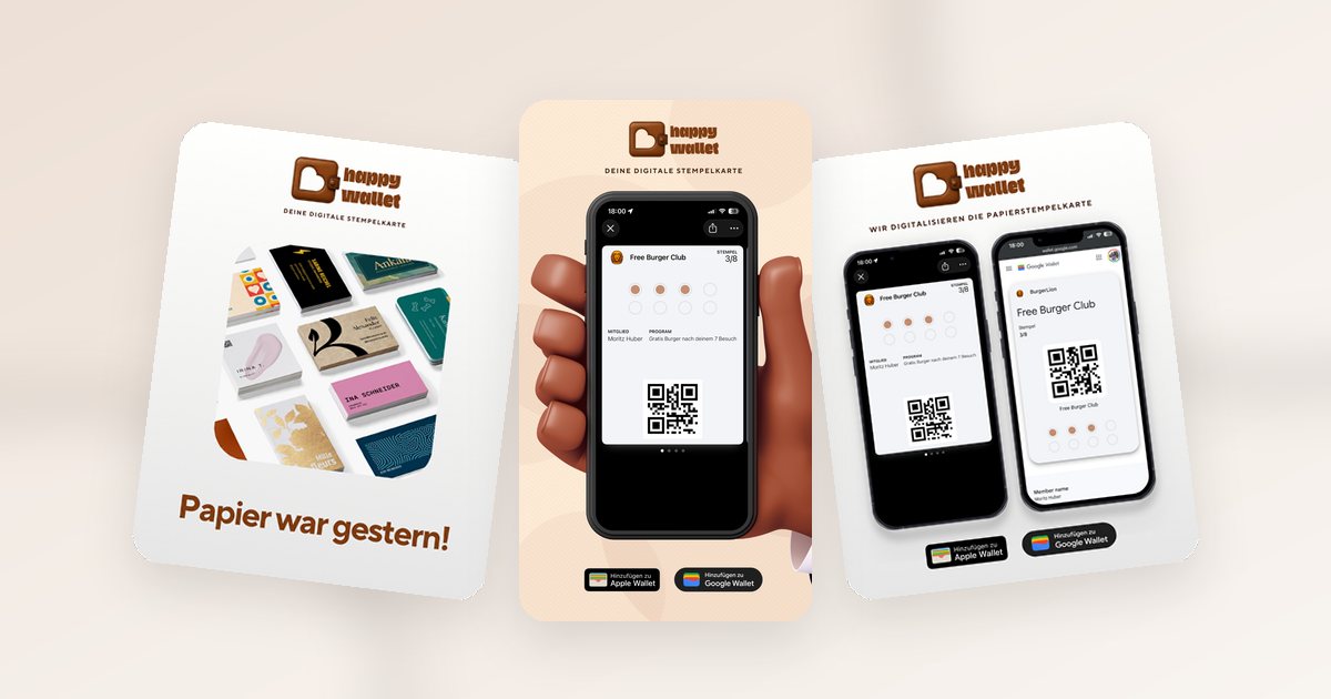 Papier-Stempelkarte, Wallet-Karte in der Hand und Apple- und Google-Wallet-Ansicht von happywallet