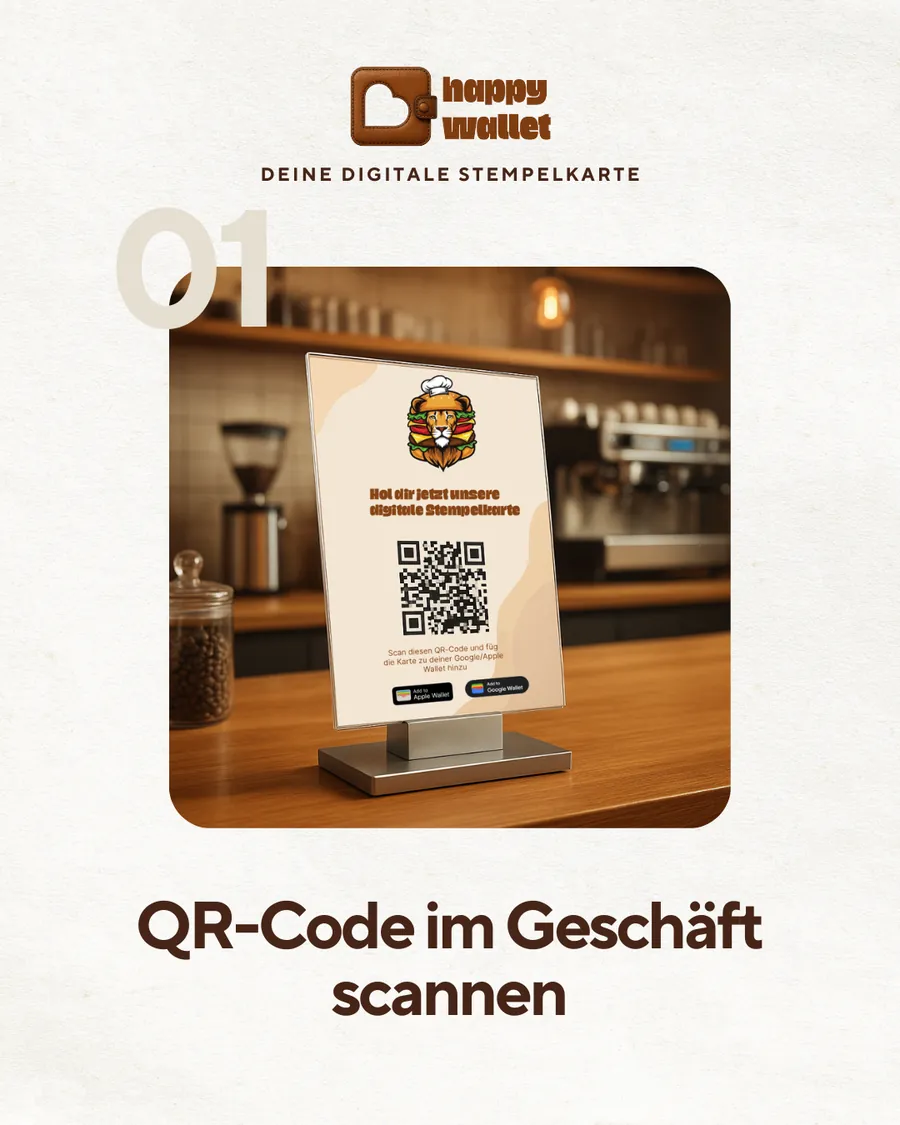 Aufsteller mit QR-Code für die digitale Stempelkarte an der Theke