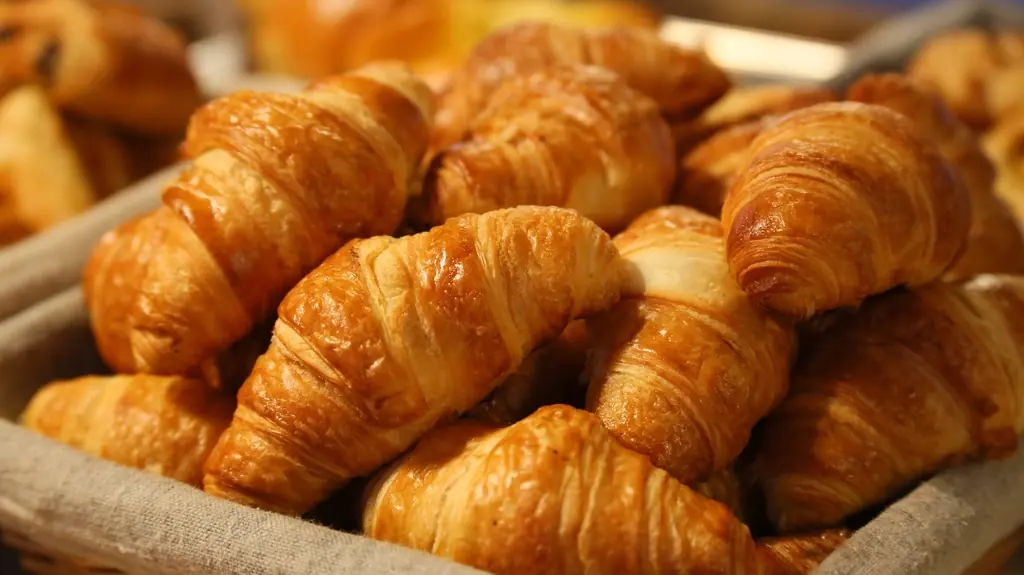 Frische Croissants in einem Korb in einer Bäckerei