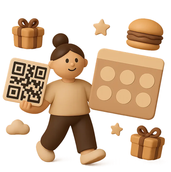 Illustration: Person mit QR-Code und Stempelkarte mit Belohnungen