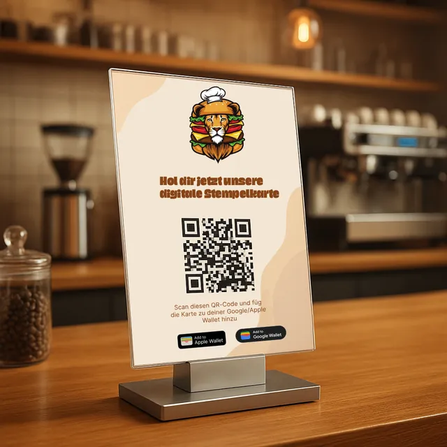 Aufsteller mit QR-Code zur Anmeldung für die digitale Stempelkarte
