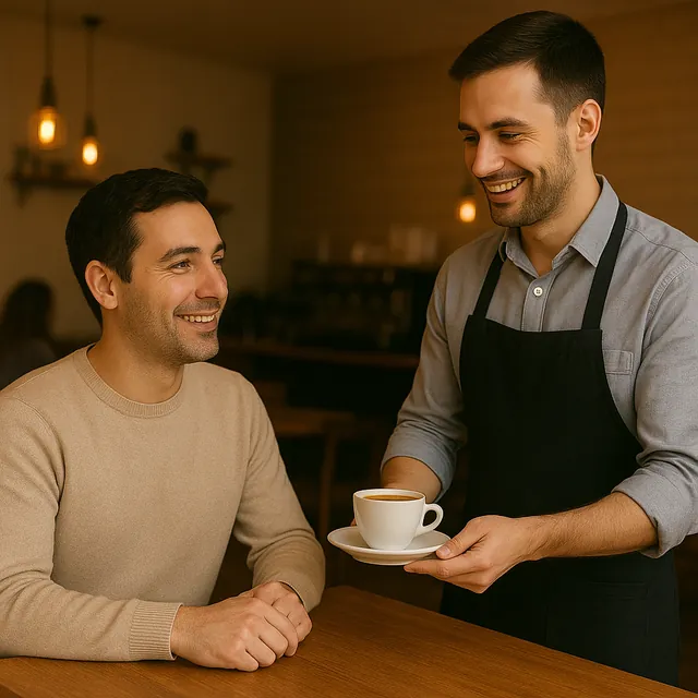 Stammkunde erhält im Café seine Belohnung