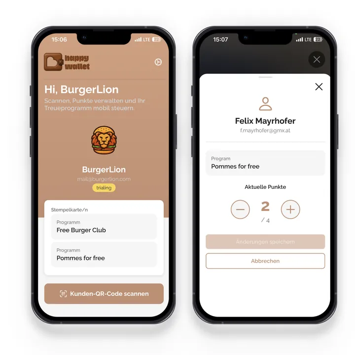 happywallet App zum Scannen und Vergeben von Stempeln